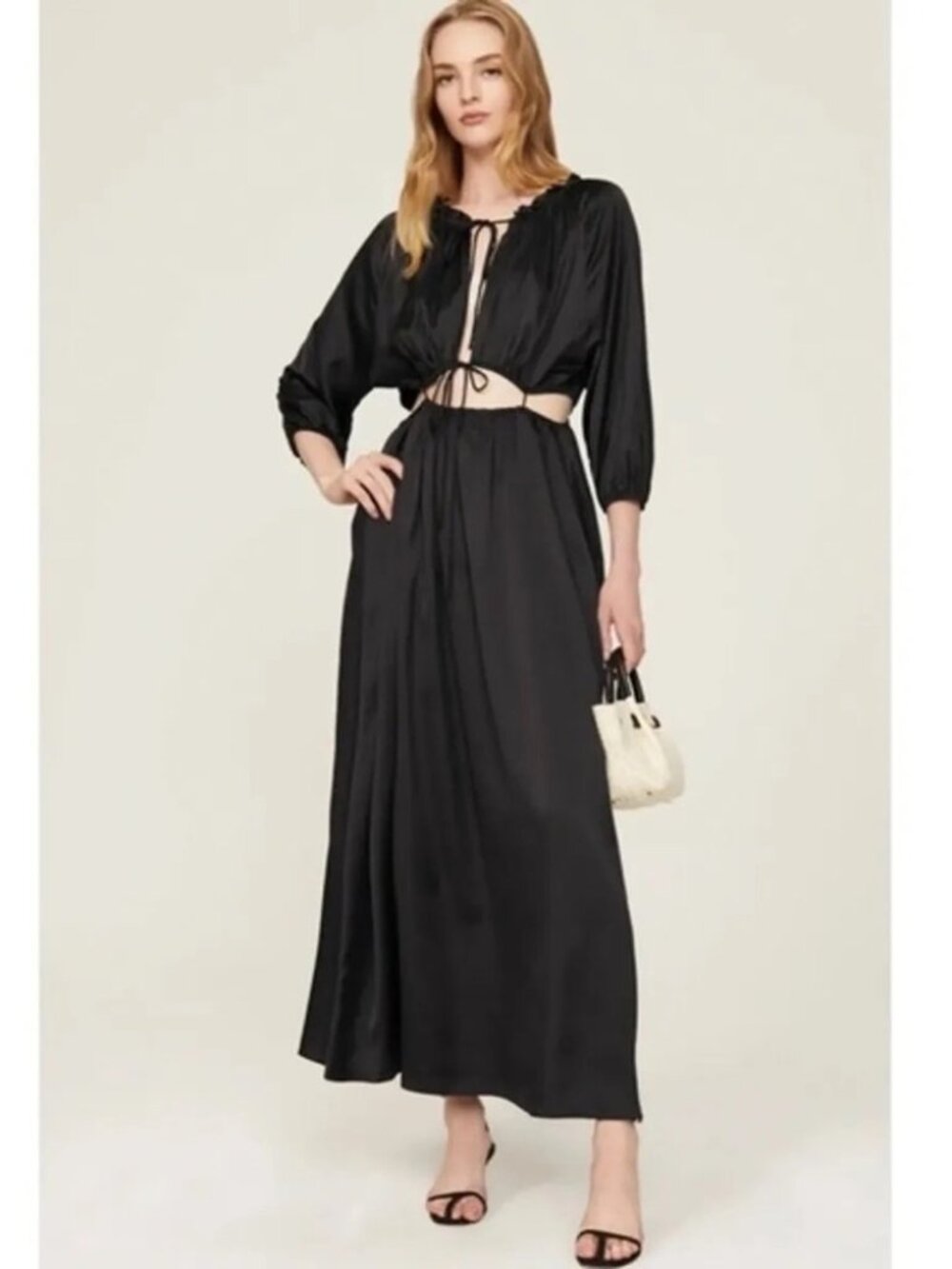 AREA STARS  Maxi Dress Black Satin Cutout Flowy Ties Party gown Unique Date MED